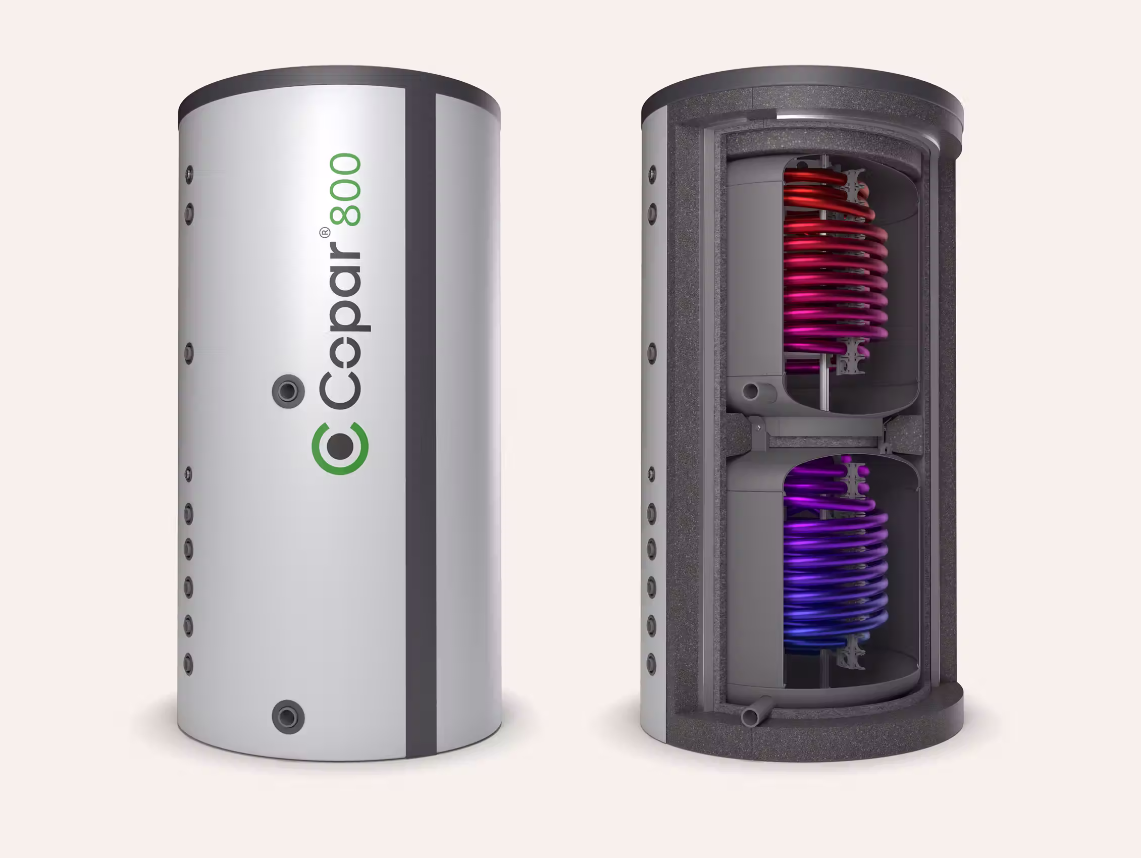Copar 800 Wärmepumpenspeicher: links Außenansicht mit silbernem Gehäuse, rechts Schnittansicht mit zwei Wärmetauscher-Spiralen – oben Warmwasserzone (rot), unten Heizungszone (blau-violett)